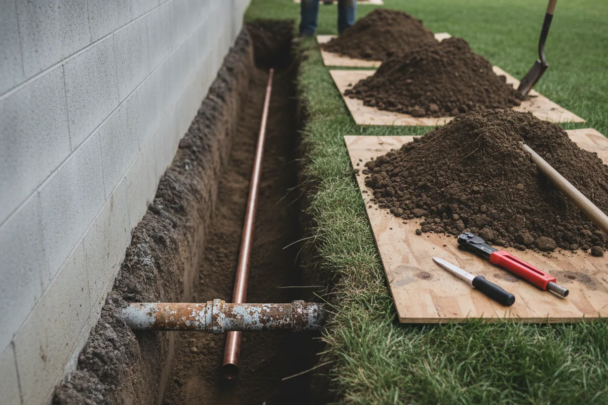 Excavated water line trench during Sewer Line Repair in Lawson